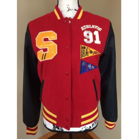 red and yellow varsity jacket